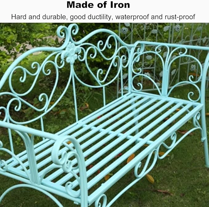 Metal Garden Bench, 52 in Outdoor Benches Weatherproof with Backrest and Armrests, 2 Seats Patio Benches for Front Porch, Patio, Park, Yard(Green)