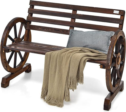 HAPPYGRILL Patio Garden Bench 2-Person Seat Rustic Wooden Wheel Bench with High Back & Wide Seat, Suitable for Patio Porch Garden