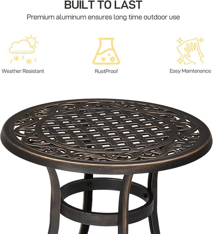 VINGLI 24” Cast Aluminum Outdoor Side Table, All Weather Round Patio Coffee Table Porch Table Bistro Table End Table Bronze 24'' Round Table