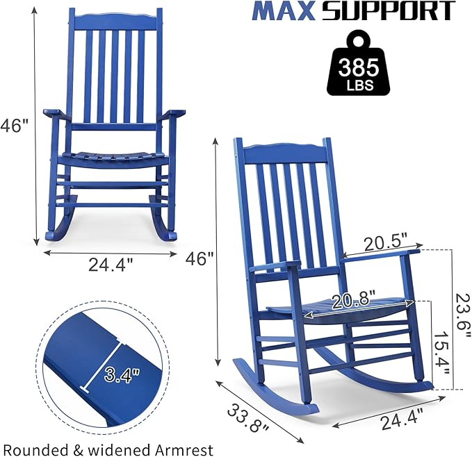 Outvita Outdoor Rocking Chair, Solid Wood High Back Rocker, All Weather Lounge Chair for Porch Patio Fire Pit Garden Backyard Deck Indoor, Wave Shape, Blue