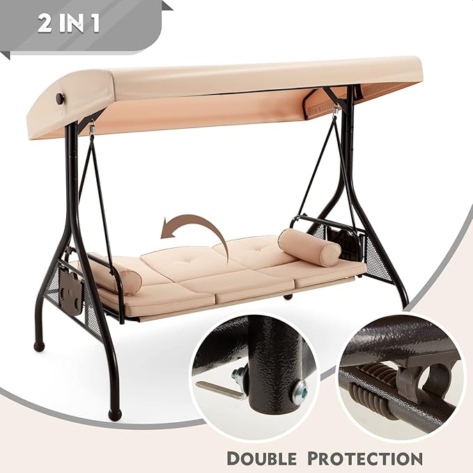 HOMREST 3 Seat Outdoor Porch Swing with Adjustable Canopy, Convertible Patio Swing Bed with Stand - Photo 2