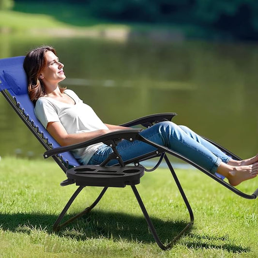 Athena Collection Zero Gravity Chair, Folding Lounge Chair, Reclining Camping Chair, Outdoor Zero Gravity Recliner with Adjustable Pillow and Cup Holder for Outside Beach Garden Patio Poolside - Blue