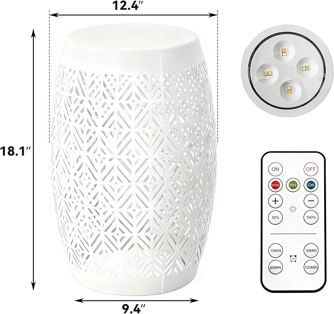 18" Cutout Metal Outdoor Side Table with 3-Mode LED Lights, Modern Decorative Drum End Table - Photo 3