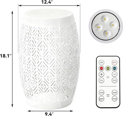 18" Cutout Metal Outdoor Side Table with 3-Mode LED Lights, Modern Decorative Drum End Table, Versatile Coffee Table/Garden Stool/Night Stand/Plant Stand for Patio, Living Room, Bedroom