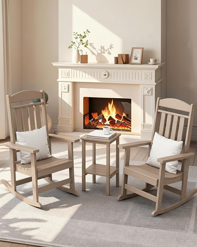 3-Piece Outdoor Rocking Chair Set, Oversized Porch Rocking Chair Set of 2 with Side Table, HDPE High Back Patio Rocking Chair, Suitable for Patio, Porch, Backyard, Brown