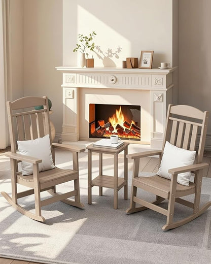3-Piece Outdoor Rocking Chair Set, Oversized Porch Rocking Chair Set of 2 with Side Table, HDPE High Back Patio Rocking Chair, Suitable for Patio, Porch, Backyard, Brown