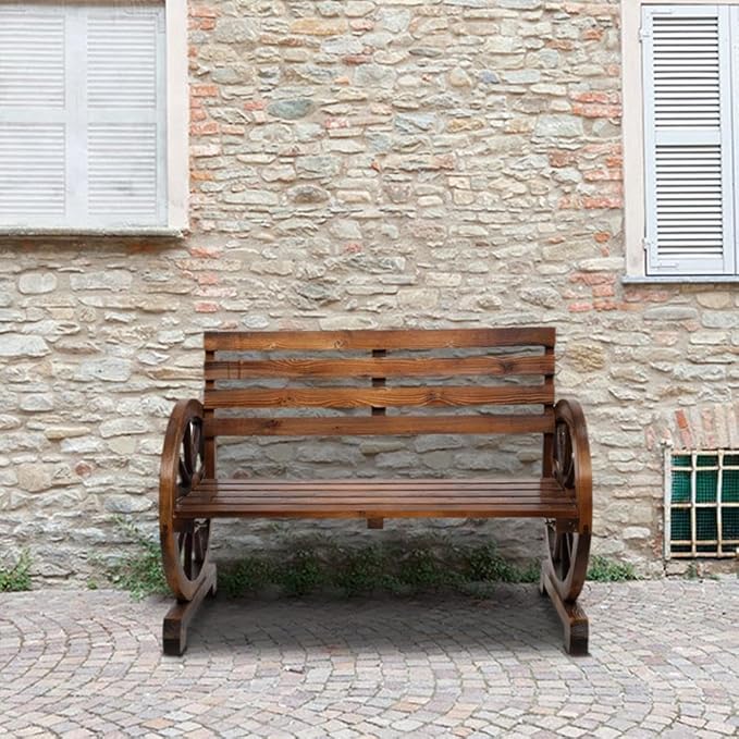 Wooden Wagon Wheel Loveseat Bench - Outdoor Patio Furniture for 2 Persons - Natural Wood Finish