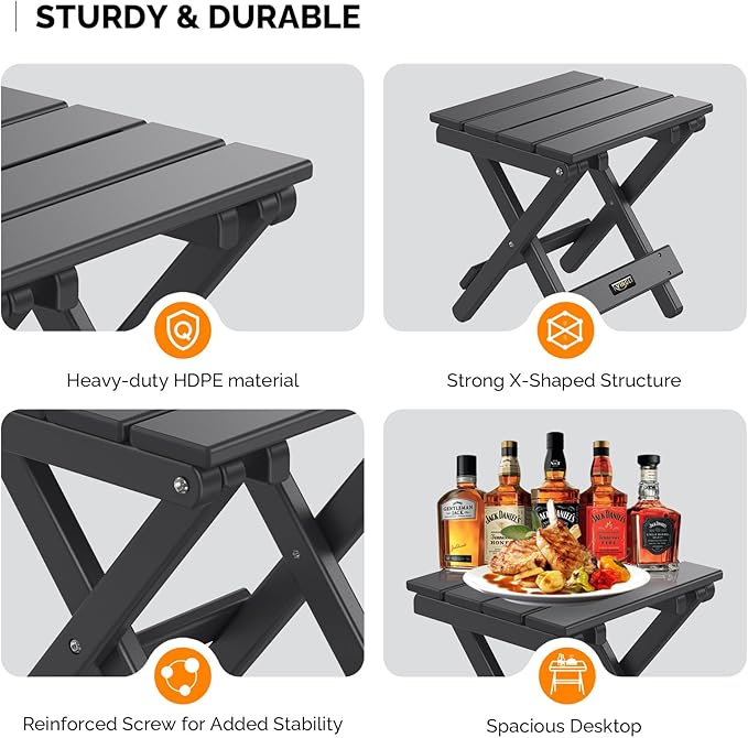 VINGLI Small HDPE Folding Side Table, Plastic Waterproof Portable Adirondack Coffee End Tables, All Weather for Patio, Backyard, Pool, Indoor Use, Slats Style, Black