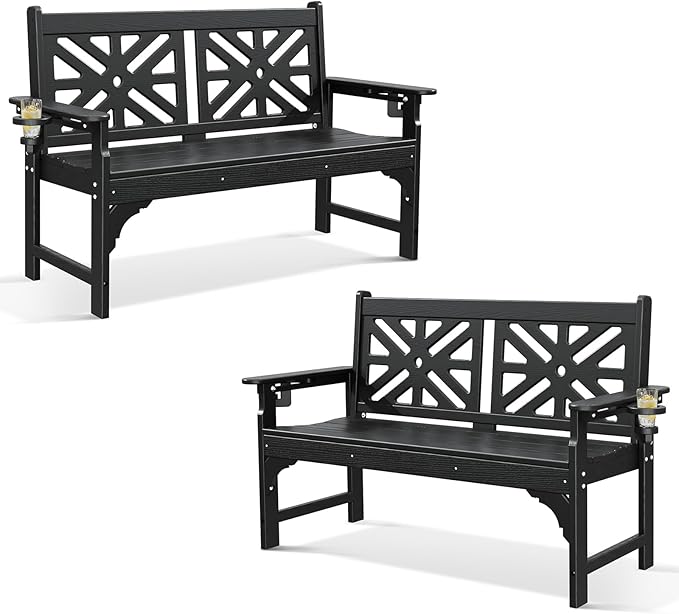 Oversized Outdoor Bench Set of 2, 51.5” HDPE Aesthetic Garden Bench with Cup Holders, Memorial Benches - Easy Assembly & All Weather, for Porch & Patio, 800lbs Load Capacity (Black)