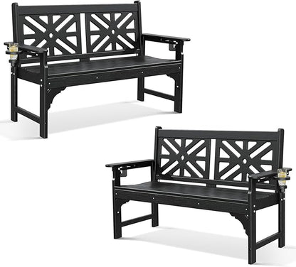 Oversized Outdoor Bench Set of 2, 51.5” HDPE Aesthetic Garden Bench with Cup Holders, Memorial Benches - Easy Assembly & All Weather, for Porch & Patio, 800lbs Load Capacity (Black)