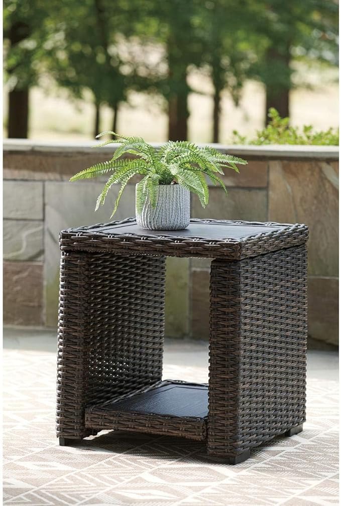BOWERY HILL Square Patio End Table, 22.25 in H x 19.75 in W x 20 in D, All-Weather Resin Wicker with Rust-Proof Aluminum Frame, Brown Finish, Outdoor Table for Patio or Garden Use