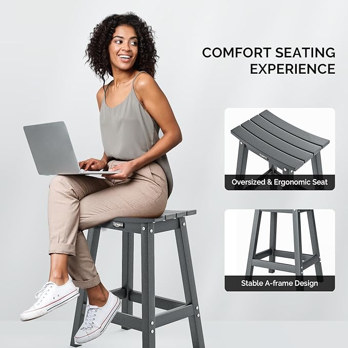 Bonnlo 24" Outdoor Bar Stools Set of 2, Heavy-Duty HDPE Plastic Adirondack Bar Height Chairs with Footrest, All-Weather Patio Stools for Deck, Poolside, Kitchen Island (2-Piece 24 Inch)