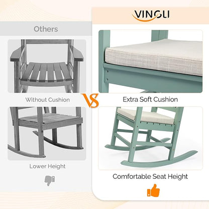 VINGLI Outdoor Rocking Chair, Heavy Duty 450 lbs Poplar Wooden Rocking Chair with High Backrest Design, Come with a Cushion, All-Weather Lounge Rocker Support for Garden, Deck (Mine Green, 1 PC)