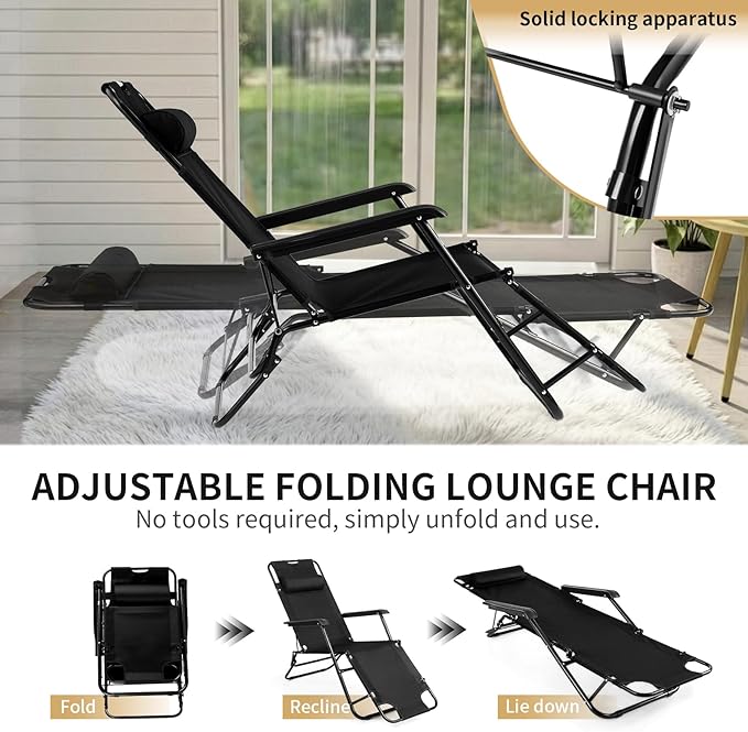 Outvita Folding Chaise Lounge Chair, Outdoor Adjustable Recliner Chair with Pillow for Camping, Beach, Poolside, Garden - Photo 4