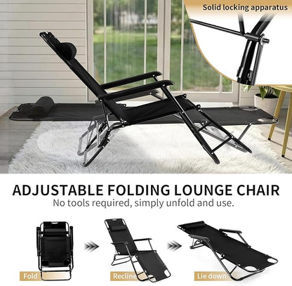 Outvita Folding Chaise Lounge Chair, Outdoor Adjustable Recliner Chair with Pillow for Camping, Beach, Poolside, Garden, Backyard, Lawn