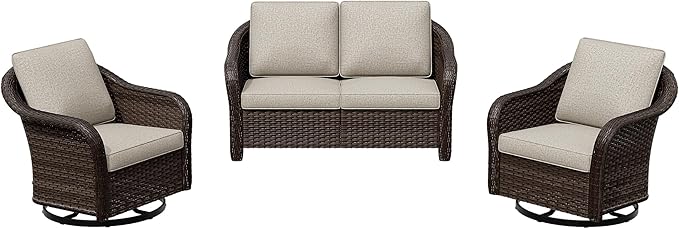 3 Pieces Patio Conversation Set, 55" Sofa with Washable Cushions, Wicker 360 Degree Swivel Glider Rocker Chairs - Photo 7
