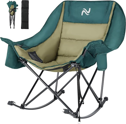 Slsy Oversized Rocking Camping Chair for Adults, 400 lbs Heavy Duty Padded Recliner with Side Pocket, Cup Holder & Carry Bag, Foldable Outdoor Lawn Chair for Patio, Backyard, or Camp