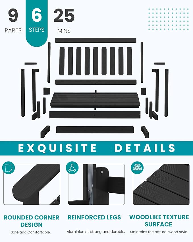 SERWALL Outdoor Glider Bench Set of 4, HDPE Weather-Resistant Swinging Bench for Backyard Garden Porch, Black - Photo 5