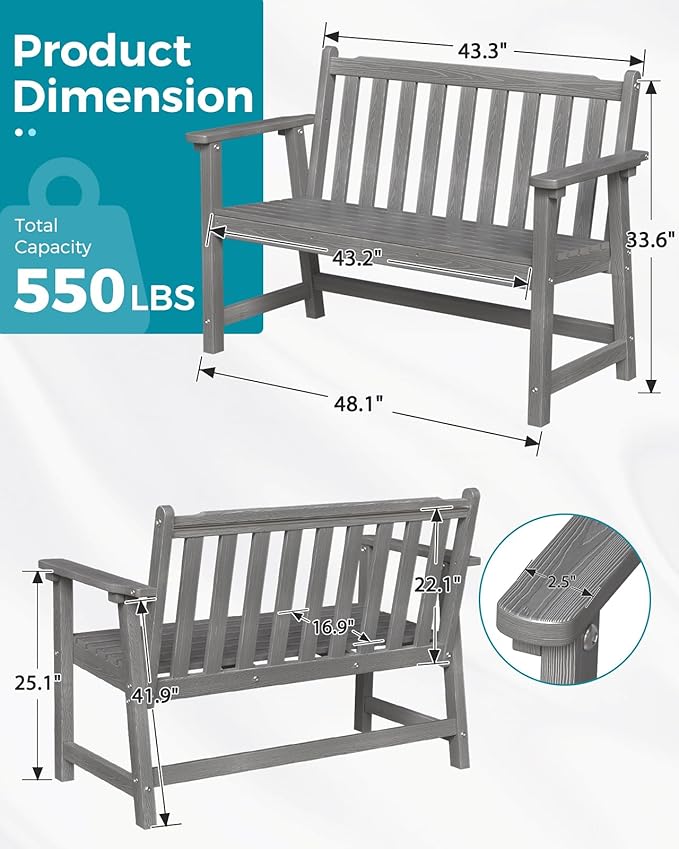 Outdoor Bench, 2-Person HDPE Garden Bench, All Weather Poly Patio Bench for Outdoors, Garden, Backyard, Porch and Park - Photo 3