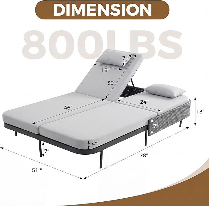 NICESOUL Double Chaise Lounge Outdoor, 51.2" Wide 2-Person Daybed with Independent Recline - Photo 2