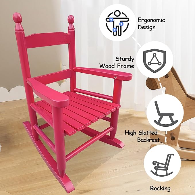 Toddler Rocking Chair for Kids Age 2-5, Hardwood Porch Rocker with Back Support & Armrest for Small Spaces Living Room Outdoor Garden, Easy Assembly (Rose Red)