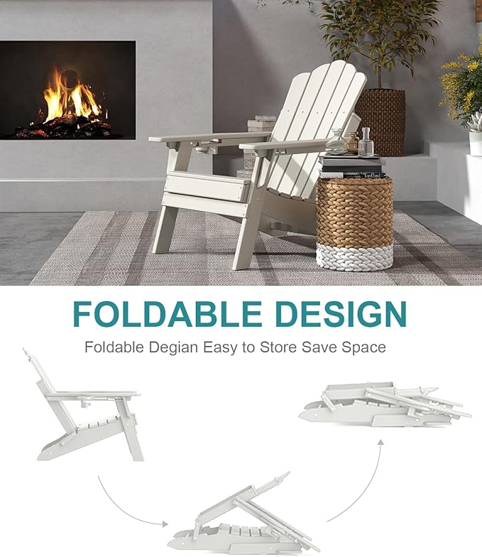 FOOWIN HDPE Adjustable Adirondack Chair, 400lbs Heavy Duty Folding Patio Chair with Cup Holder, 3-Position Reclining Fire Pit Seating, All-Weather Poly Lumber for Backyard, Deck - White