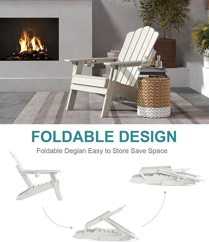 FOOWIN HDPE Adjustable Adirondack Chair, 400lbs Heavy Duty Folding Patio Chair with Cup Holder, 3-Position Reclining Fire Pit Seating, All-Weather Poly Lumber for Backyard, Deck - White