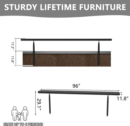 8 FT Heavy Duty Metal Park Bench for Outside, Outdoor Backless Bench with Thermoplastic Coating, Commercial Benches for Shopping Mall, Store, Park, Deck, Inground Mounted, Black