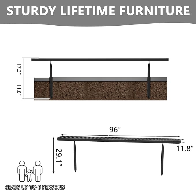 96" L Outdoor Bench, 8FT Heavy Duty Metal Park Bench for Outside, Inground Mounted, Commercial Benches Mesh Bench for Shopping Mall, Store, Lawn, Park, Patio, Deck, Garden (Black Inground)