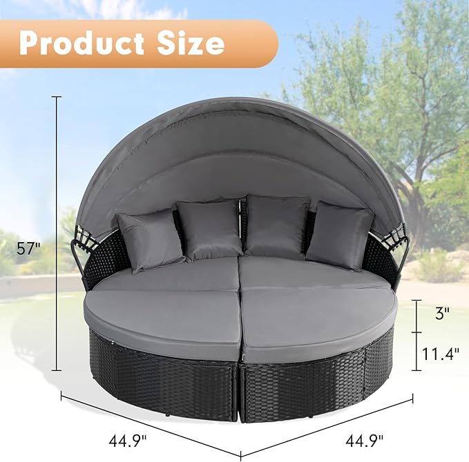 Outdoor Patio Furniture Canopy Daybed Round Sofas, 4 Pieces Seating Separates Cushioned Seats, Black Wicker - Photo 5