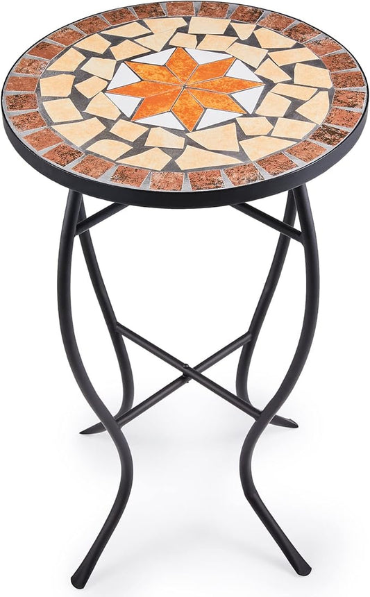 VONLUCE Mosaic Side Table and Plant Stand, 21" Round End Table with 14" Ceramic Tile Top, Indoor & Outdoor Accent Table, Porch Patio Furniture, Entryway & Coffee Table for Home & Garden, Maple