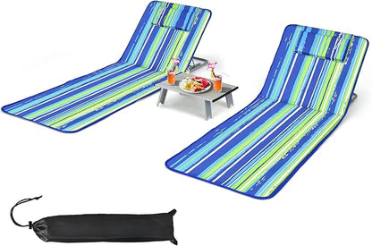 Tangkula 3-Piece Beach Chairs Set for Adults, Lightweight Lawn Lounge Chairs with 5 Adjustable Recline Positions, Zipper Pocket, Backpack 2 Pack with Folding Side Table (Stripe)