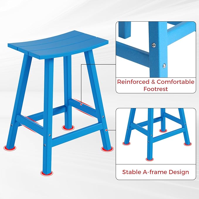 Costaelm All-Weather Bar Stools Set of 3, 24" Height Outdoor Bar Stools, Adirondack Poly Patio Bar Stool for Patio, Deck, Kitchen Counter and Garden, Pacific Blue
