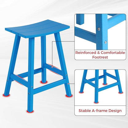 Costaelm All-Weather Bar Stools Set of 3, 24" Height Outdoor Bar Stools, Adirondack Poly Patio Bar Stool for Patio, Deck, Kitchen Counter and Garden, Pacific Blue