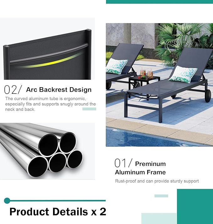 SUNLEI Lounge Chair for Outside Set of 2, Patio Chaise Lounge Outdoor w/ 5-Position Adjustable Backrest, Movable Pool Recliner Lounge Chairs, Tanning Chair for Patio, Charcoal Gray