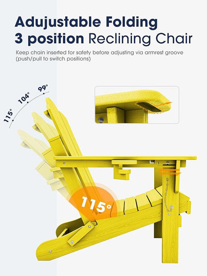 KINGYES Adjustable Folding Adirondack Chair, 3-Position Reclining Adirondack Chairs with Cup Holder, HDPE All-Weather Oversized Adirondack for Outdoor, Patio, Backyard Deck, Fire Pit, Yellow