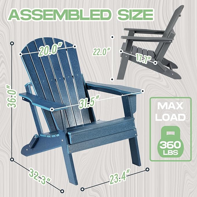 CABIHOME Folding Adirondack Chairs with Wide Armrest and Deep Seat, Foldable Plastic Outdoor Chair, Weather Resistant | Waterproof | UV Resistant for Patio, Lawn Garden Backyard Fire Pit, HDPE, Grey