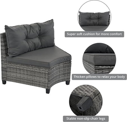 Quarte Outdoor Patio Furniture Sets, 8-Pieces All Weather Wicker Round Sofa Set, Half-Moon Sectional Sets, Curved Sofa Set with Rectangular Coffee Table, Movable Cushion (Gray-OA)