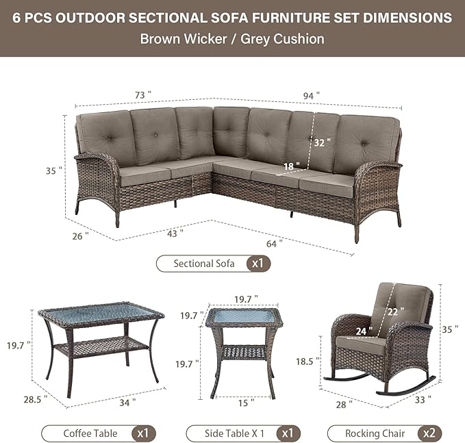 Belord Outdoor Furniture Set - 6 Pieces Patio Conversation Sectional Sofa Set with Patio Rocking Chairs Set of 2 and - Photo 3