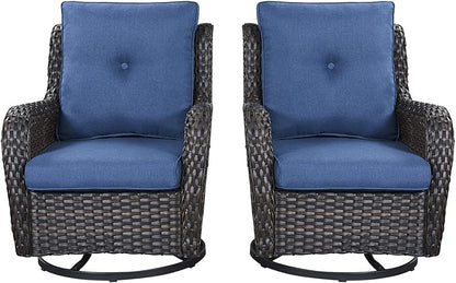 Rilyson Wicker Rocking Chair Swivel Chairs - 2 Piece Rocker Patio Chairs Set Rattan Rocking Chair for Outdoor Porch Deck Garden Backyard (Brown/Blue)