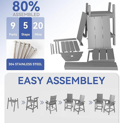 FOOWIN Tall Adirondack Chairs Set of 8,HDPE Adirondack Bar Stools with Connecting Tray & Cup Holders,Weather Resistant Balcony Chair for Outdoor Deck Lawn Pool Backyard Grey