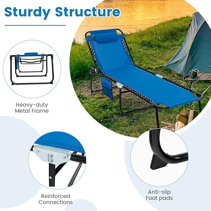 Tangkula Beach Lounge Chair for Outside, Folding Chaise Lounge Outdoor with 4-Position Backrest, Removable Headrest and Side Pocket, Portable Sunbathing Tanning Chair for Patio, Poolside (1, Navy)