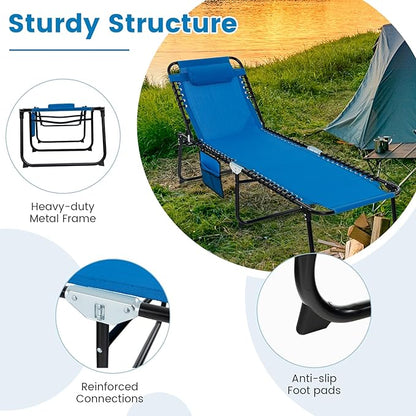 Tangkula Beach Lounge Chair for Outside, Folding Chaise Lounge Outdoor with 4-Position Backrest, Removable Headrest and Side Pocket, Portable Sunbathing Tanning Chair for Patio, Poolside (1, Navy)
