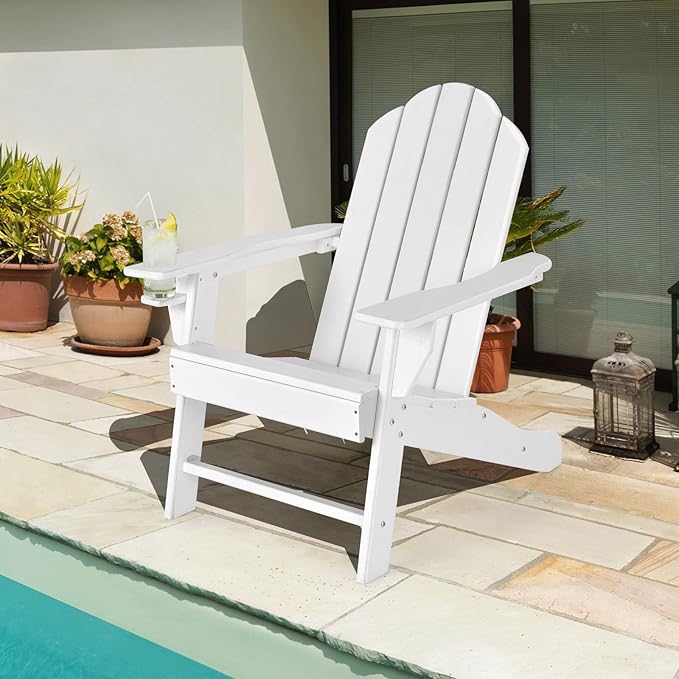 Tangkula Adirondack Chair Outdoor, Fade Resistant HDPE Armchairs with Cup Holder, Weather Resistant Lounger Chairs for Patio Garden Backyard Deck, Lawn Porch Seating, Adirondack Lounger (1, White)