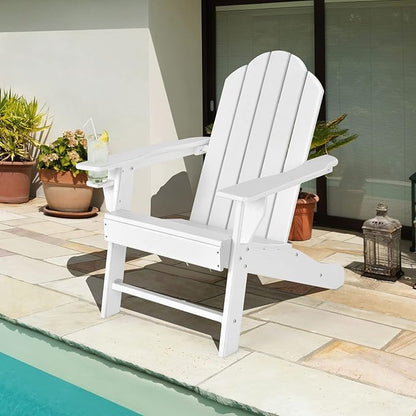 Tangkula Adirondack Chair Outdoor, Fade Resistant HDPE Armchairs with Cup Holder, Weather Resistant Lounger Chairs for Patio Garden Backyard Deck, Lawn Porch Seating, Adirondack Lounger (1, White)