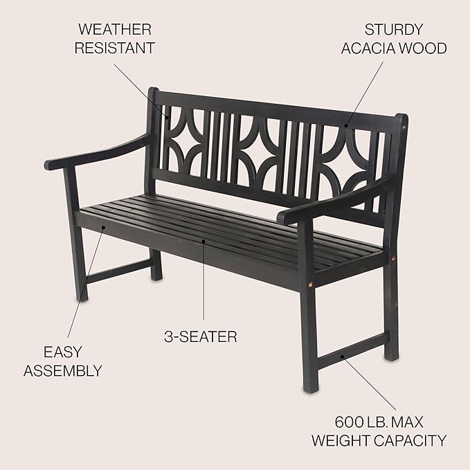 JONATHAN Y BNH100C Sloane 59.1" 3-Seat Ogee Diamond-Back 600-Lbs Support Acacia Wood Outdoor Garden Patio Bench for Garden, Lawn, Backyard, Pool, Deck, Beach, Firepit, Black