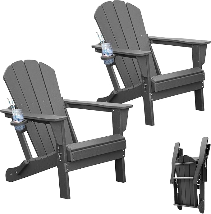Adirondack Chairs Set of 2, Plastic Adirondack Chair, Adirondack Chairs, HDPE Adirondack Chair, Folding Adirondack Chairs, Outdoor Chairs with Cup Holder for Lawn Patio Deck Fire Pit -Grey
