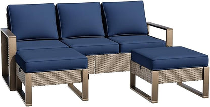 Wicker Patio 75" Sofa Set with Two Ottomans, All Weather Rattan Outdoor Conversation Furniture Set with Wood-Looking Metal Armrest for Deck Backyard Porch, Dark Blue
