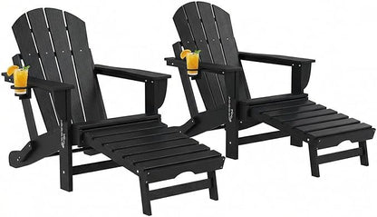 Outsunny Folding Adirondack Chair Set of 2, Outdoor HDPE Fire Pit Chair with Retractable Ottoman, Cup Holder and Large Seat for Deck, Garden, Backyard, Black