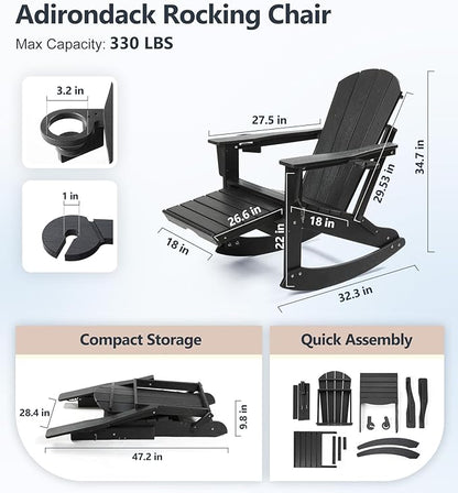 PASAMIC Adirondack Rocking Chairs Set of 2, Foldable All-Weather HDPE Patio Rockers with Retractable Ottoman & Cup Holder, Outdoor Chairs for Porch Backyard Pool Garden Balcony, Black